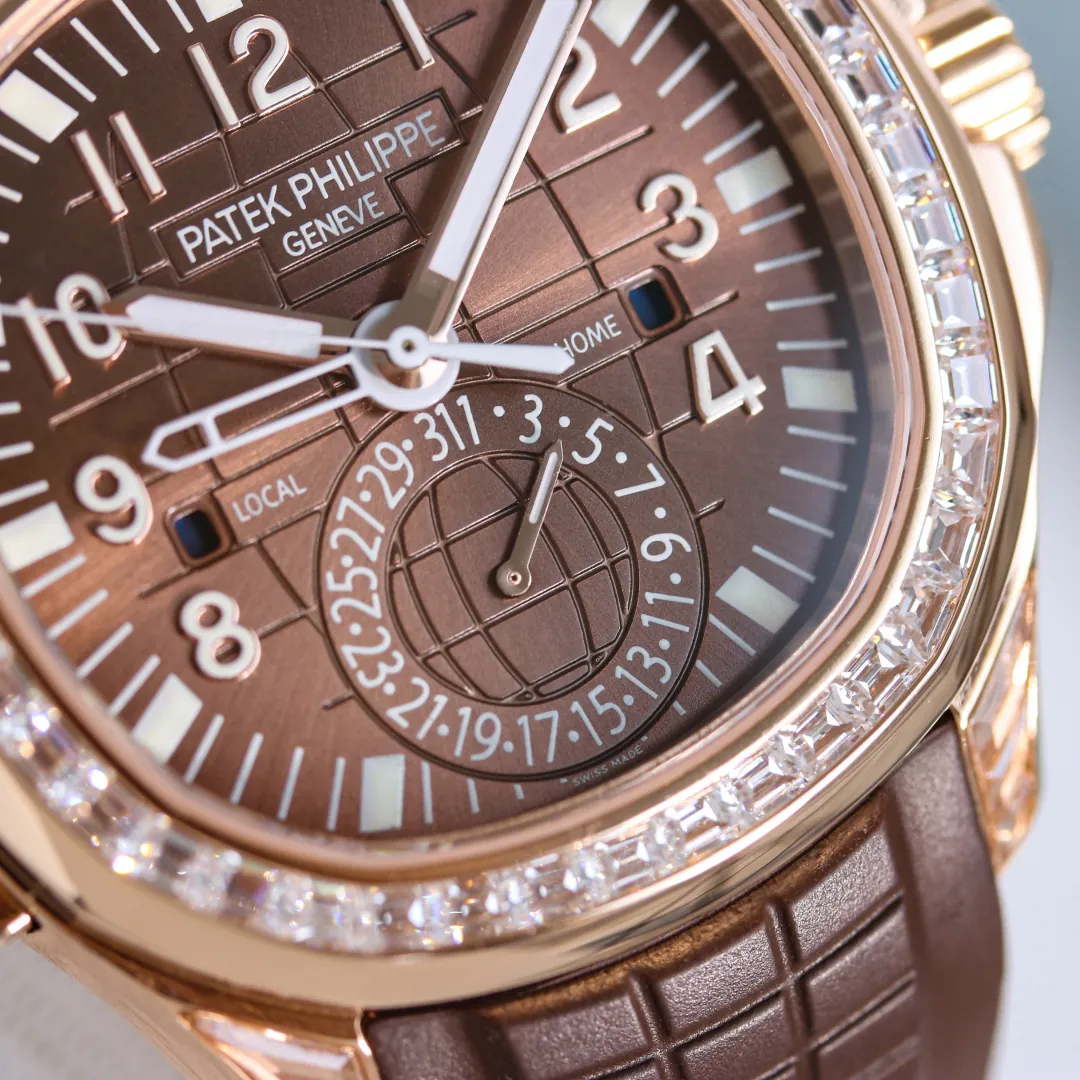 AD Factory Patek Philippe Aquanaut 5164R-001 Replica Deep Brown Embossed Grid Dial Brown Rubber Strap Travel Time Watch Dial Detail 3