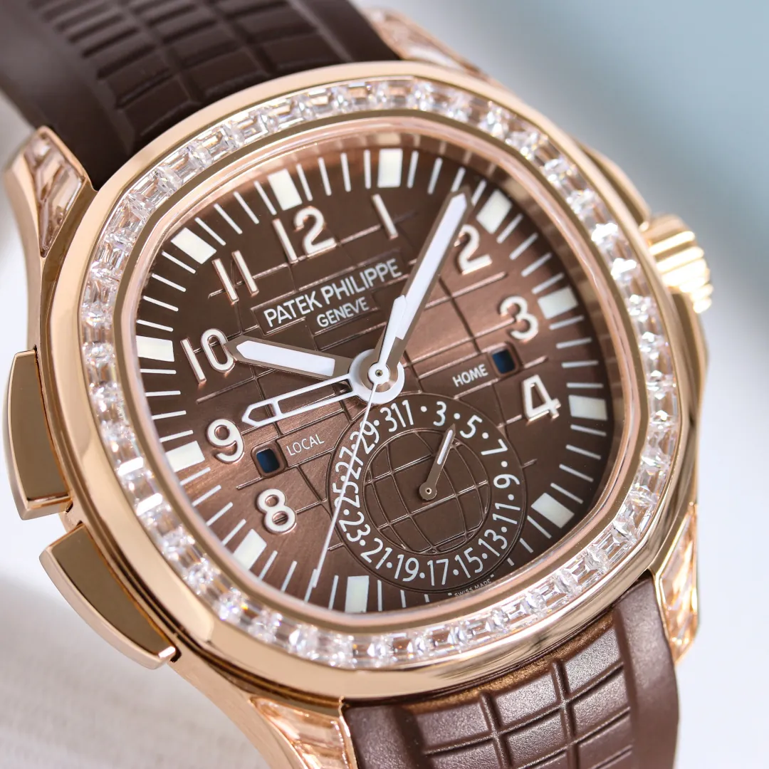 AD Factory Patek Philippe Aquanaut 5164R-001 Replica Deep Brown Embossed Grid Dial Brown Rubber Strap Travel Time Watch Dial Detail 1
