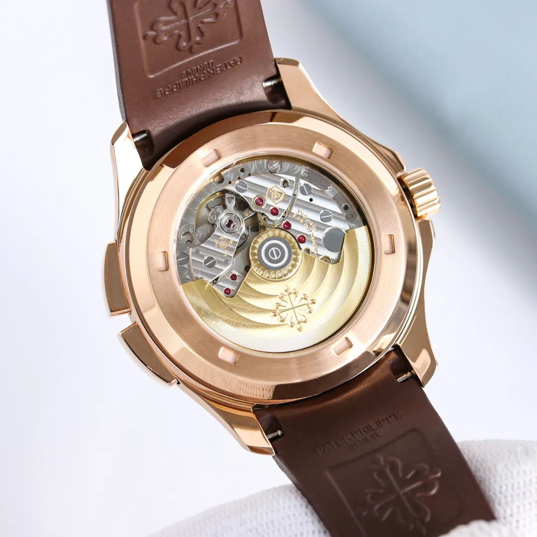 AD Factory Patek Philippe Aquanaut 5164R-001 Replica Deep Brown Embossed Grid Dial Brown Rubber Strap Travel Time Watch Case Back