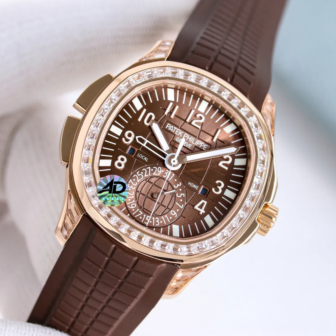 AD Factory Patek Philippe Aquanaut 5164R-001 Replica Deep Brown Embossed Grid Dial Brown Rubber Strap Travel Time Watch Dial Side View