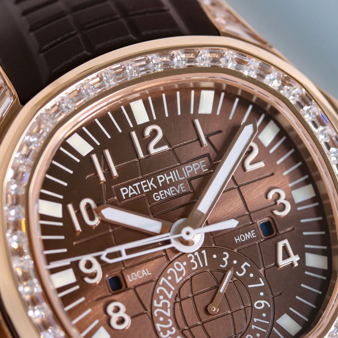 AD Factory Patek Philippe Aquanaut 5164R-001 Replica Deep Brown Embossed Grid Dial Brown Rubber Strap Travel Time Watch Dial Detail 2