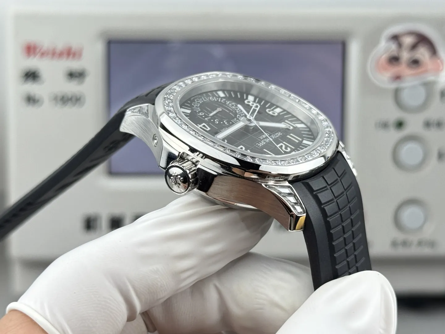 1:1 Clone Patek Philippe Aquanaut 5164A Replica Black Embossed Dial Diamond Bezel Dual Time Men’s Watch Side View 2