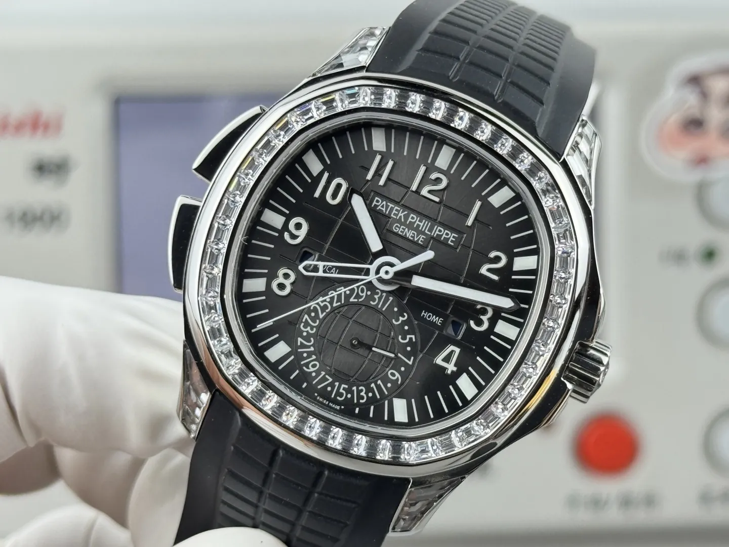 1:1 Clone Patek Philippe Aquanaut 5164A Replica Black Embossed Dial Diamond Bezel Dual Time Men’s Watch Dial Detail 2