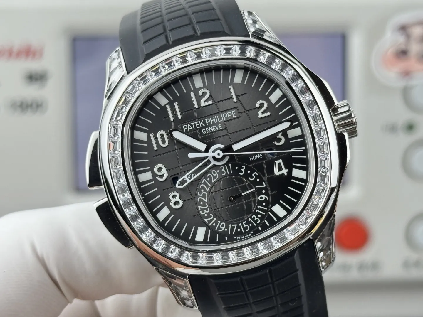 1:1 Clone Patek Philippe Aquanaut 5164A Replica Black Embossed Dial Diamond Bezel Dual Time Men’s Watch Dial Detail 1
