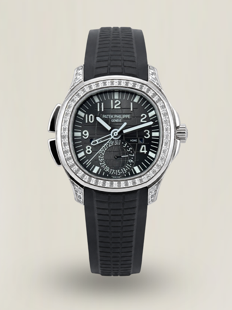 1:1 Clone Patek Philippe Aquanaut 5164A Replica Black Embossed Dial Diamond Bezel Dual Time Men’s Watch First Look