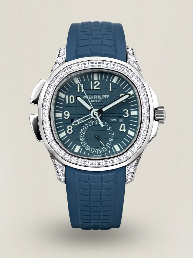 Luxury Patek Philippe Aquanaut 5164G Replica Blue-Gray Dial Diamond Bezel Blue Rubber Strap Travel Time Watch First Look