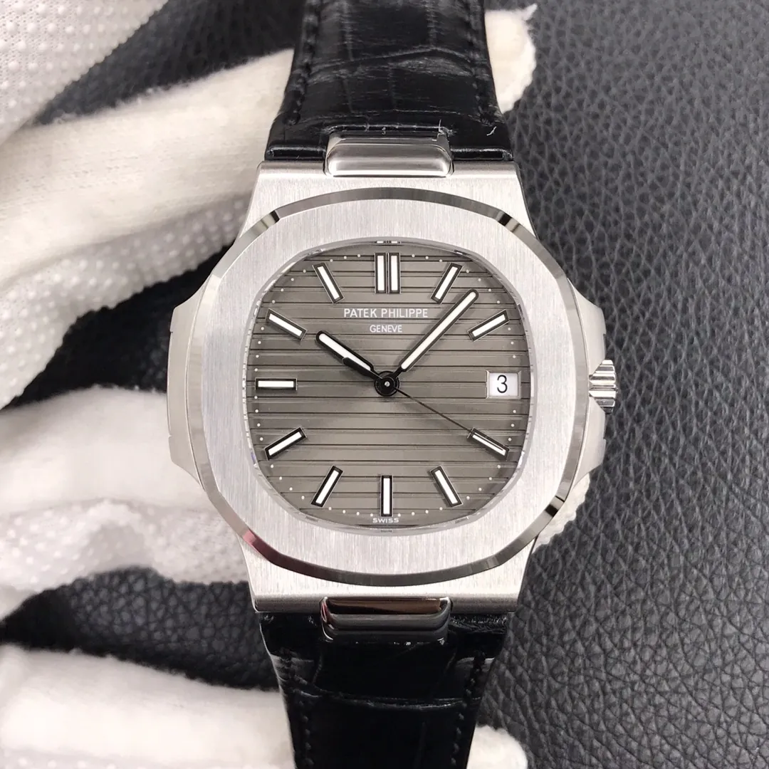 Super Clone Patek Philippe Nautilus 5711G-001 Replica Slate Grey Dial Black Leather Strap 40mm Men’s Luxury Watch Front View