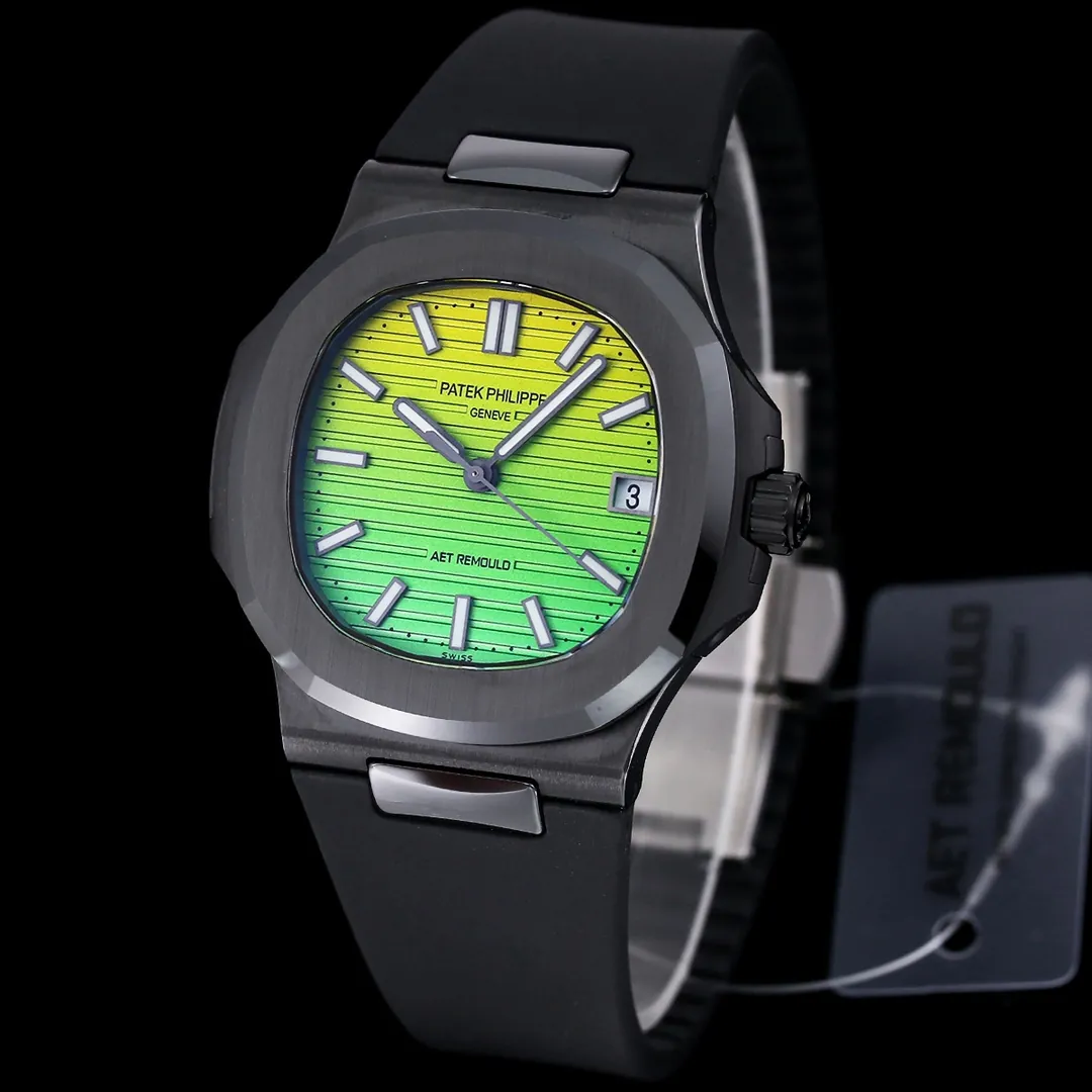 AET REMOULD Patek Philippe Nautilus 5711 Replica Vibrant Yellow Green Gradient Dial Black Ceramic Case Black Rubber Strap Watch Dial Side View 1
