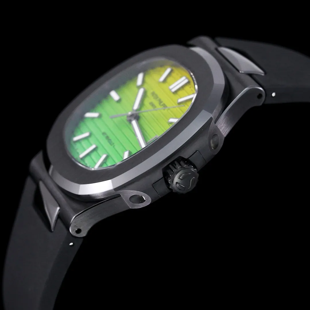 AET REMOULD Patek Philippe Nautilus 5711 Replica Vibrant Yellow Green Gradient Dial Black Ceramic Case Black Rubber Strap Watch Side View 2
