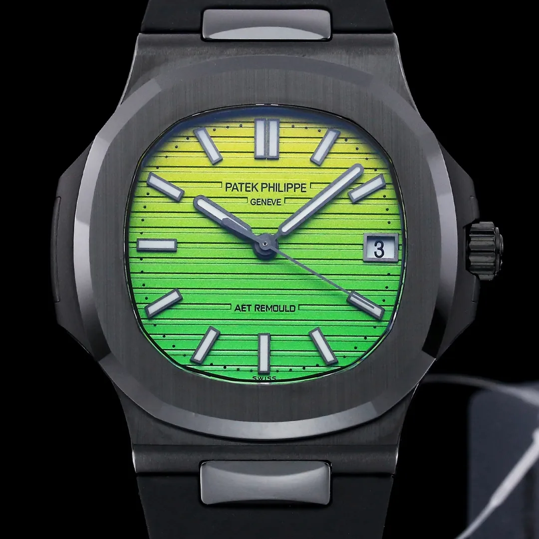 AET REMOULD Patek Philippe Nautilus 5711 Replica Vibrant Yellow Green Gradient Dial Black Ceramic Case Black Rubber Strap Watch Dial Detail 1