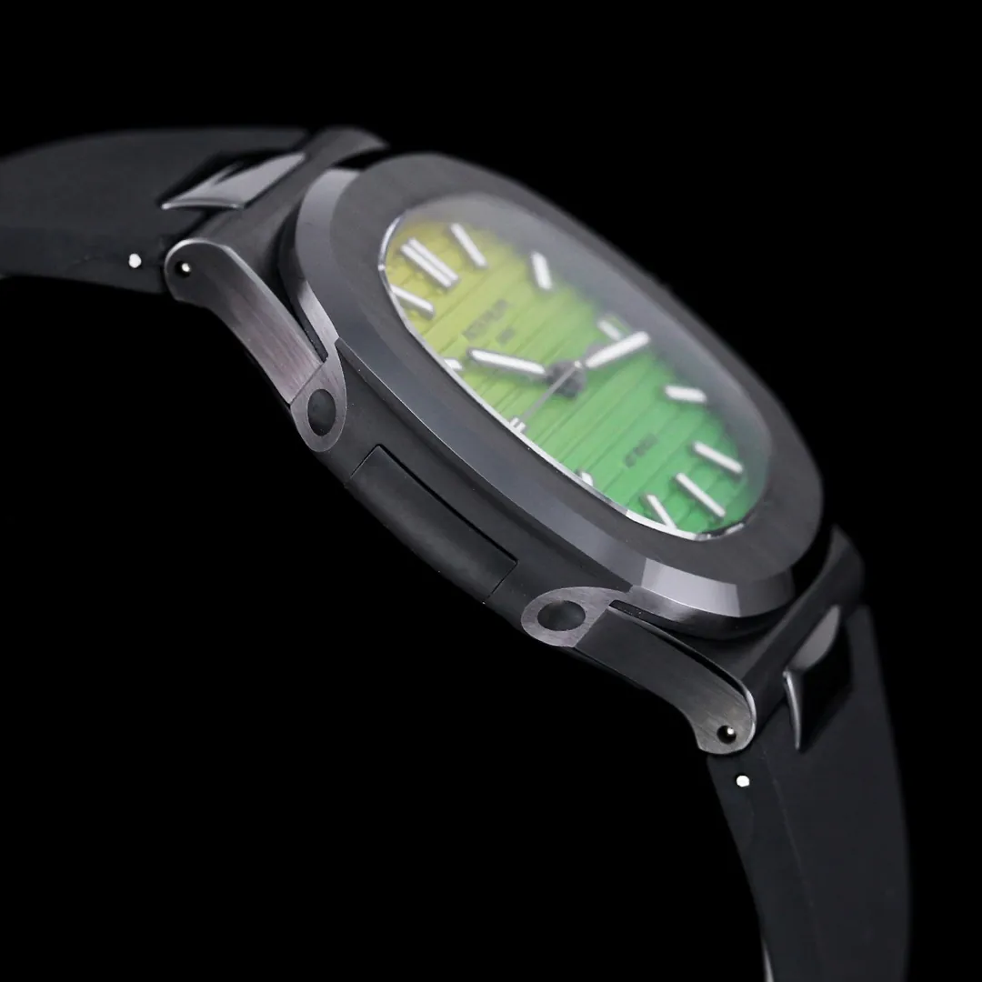 AET REMOULD Patek Philippe Nautilus 5711 Replica Vibrant Yellow Green Gradient Dial Black Ceramic Case Black Rubber Strap Watch Side View 1
