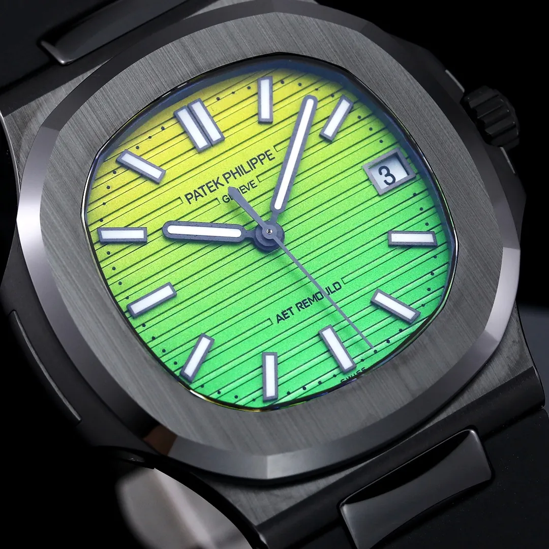 AET REMOULD Patek Philippe Nautilus 5711 Replica Vibrant Yellow Green Gradient Dial Black Ceramic Case Black Rubber Strap Watch Dial Detail 2