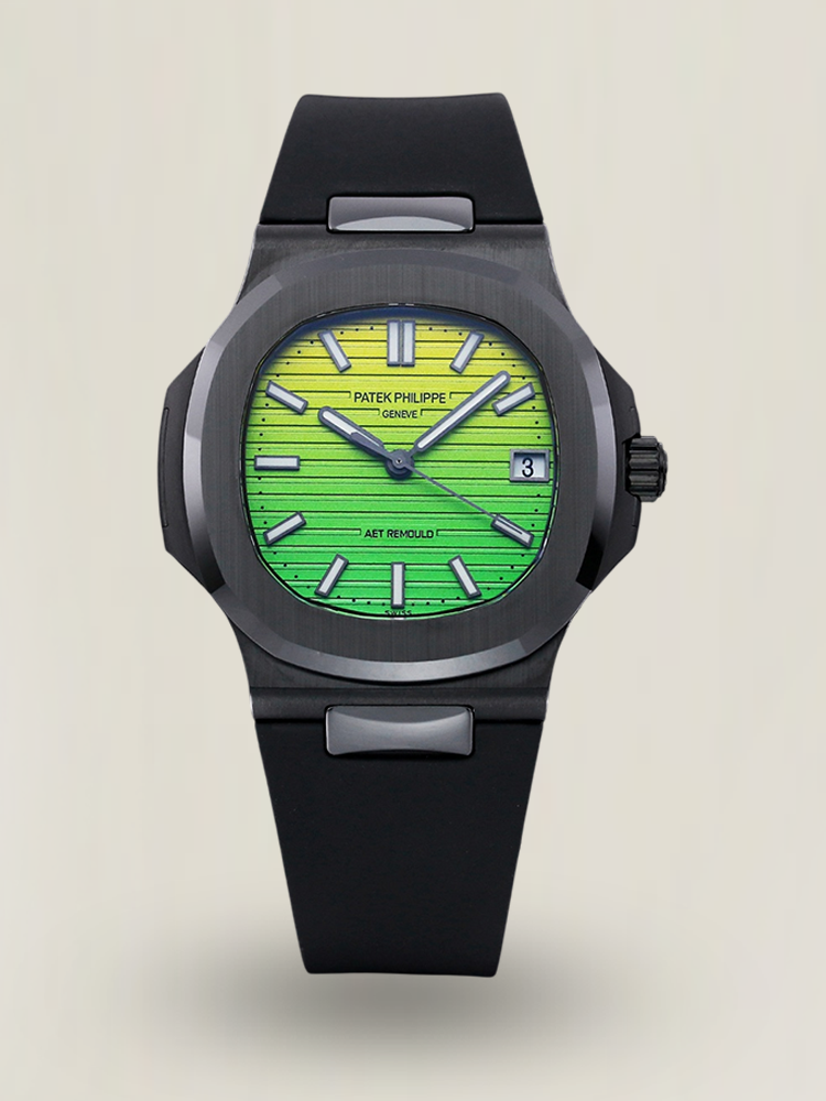 AET REMOULD Patek Philippe Nautilus 5711 Replica Vibrant Yellow Green Gradient Dial Black Ceramic Case Black Rubber Strap Watch First Look