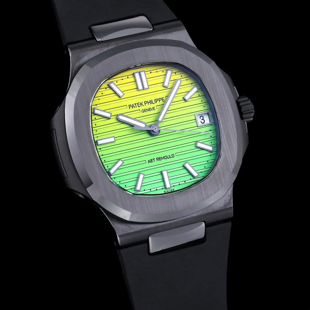 AET REMOULD Patek Philippe Nautilus 5711 Replica Vibrant Yellow Green Gradient Dial Black Ceramic Case Black Rubber Strap Watch Dial Side View 2