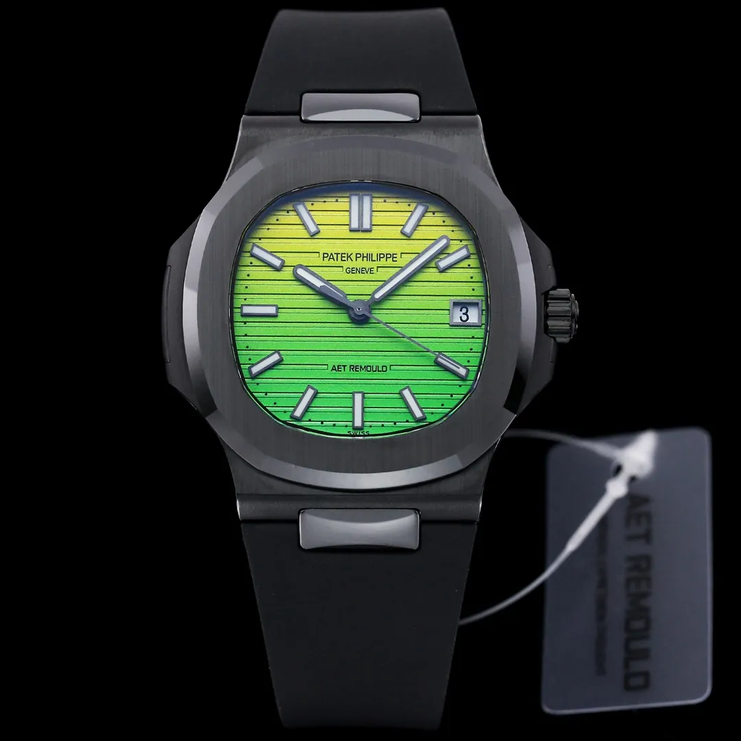 AET REMOULD Patek Philippe Nautilus 5711 Replica Vibrant Yellow Green Gradient Dial Black Ceramic Case Black Rubber Strap Watch Front View