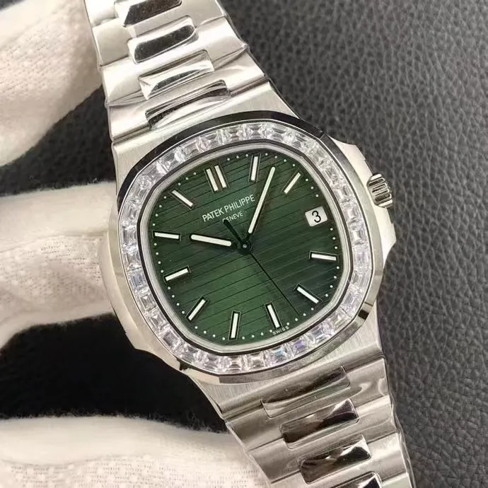 Luxury Super Clone Patek Philippe Nautilus 5711/1300A-001 Replica Olive Green Dial Baguette Diamond Bezel 40mm Watch Dial Side View 1