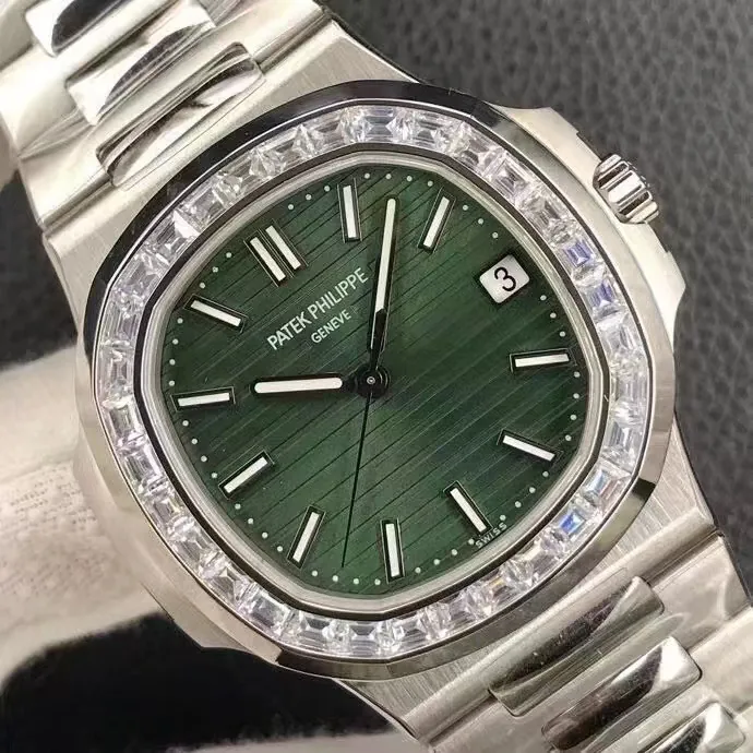 Luxury Super Clone Patek Philippe Nautilus 5711/1300A-001 Replica Olive Green Dial Baguette Diamond Bezel 40mm Watch Dial Detail