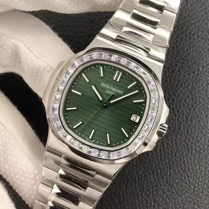 Luxury Super Clone Patek Philippe Nautilus 5711/1300A-001 Replica Olive Green Dial Baguette Diamond Bezel 40mm Watch Dial Side View 2