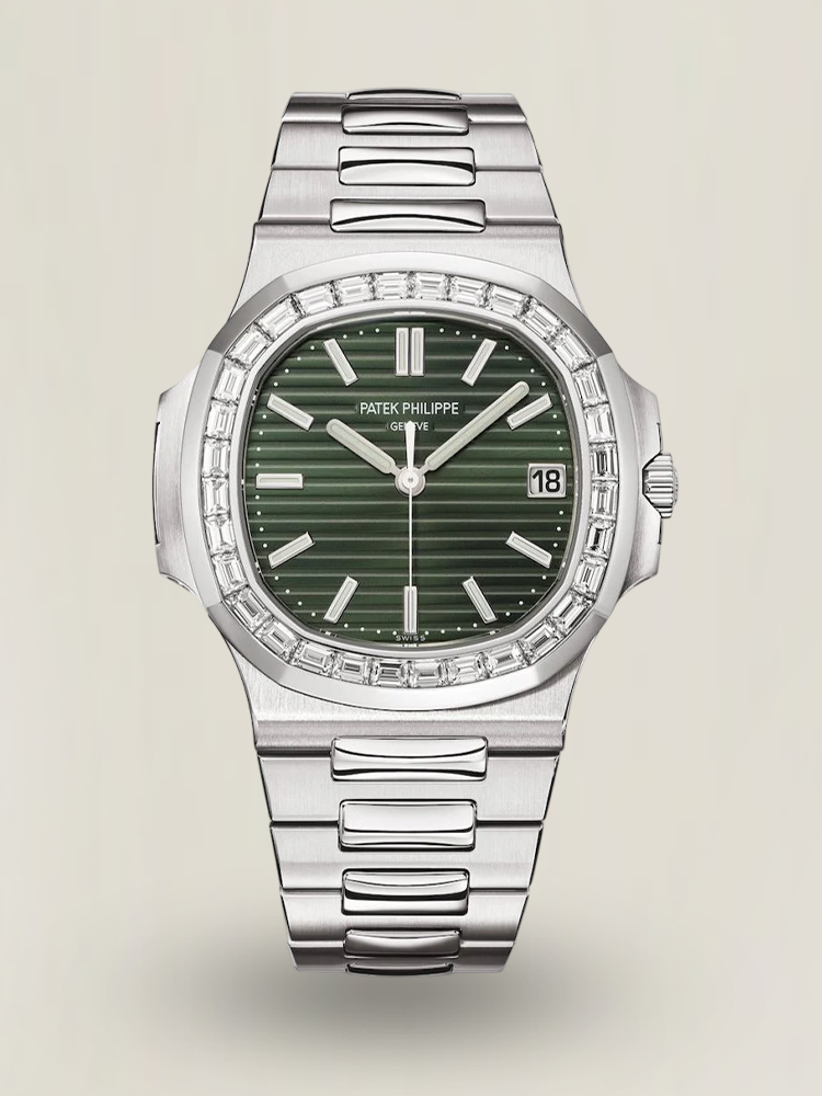 Luxury Super Clone Patek Philippe Nautilus 5711/1300A-001 Replica Olive Green Dial Baguette Diamond Bezel 40mm Watch First Look