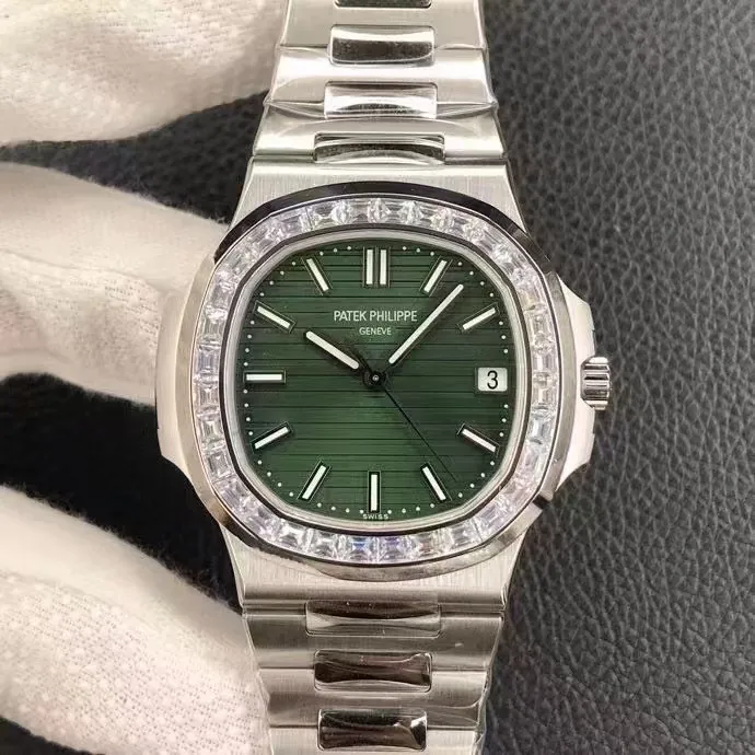 Luxury Super Clone Patek Philippe Nautilus 5711/1300A-001 Replica Olive Green Dial Baguette Diamond Bezel 40mm Watch Front View
