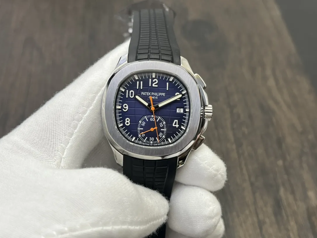 Luxury Patek Philippe Aquanaut 5968A Replica Blue Black Gradient Dial Orange Accents Black Rubber Strap 42.2mm Men's Watch Front View