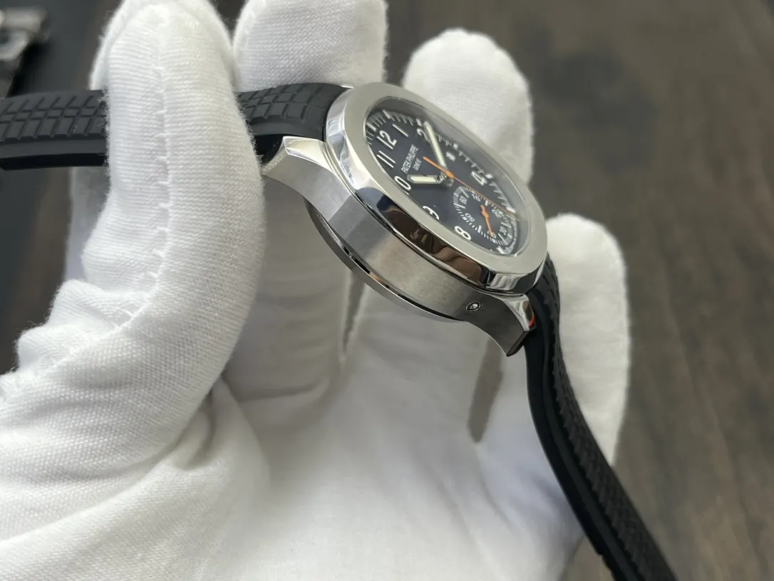 Luxury Patek Philippe Aquanaut 5968A Replica Blue Black Gradient Dial Orange Accents Black Rubber Strap 42.2mm Men's Watch Side View 1