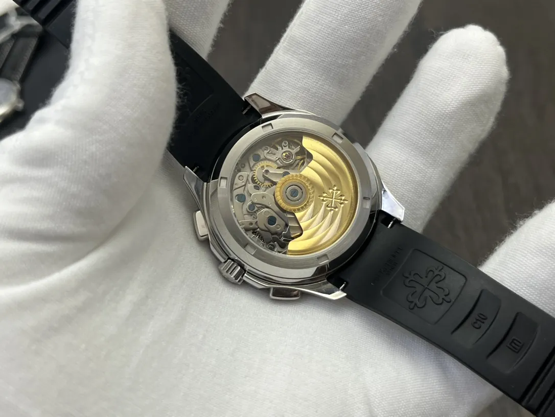 Luxury Patek Philippe Aquanaut 5968A Replica Blue Black Gradient Dial Orange Accents Black Rubber Strap 42.2mm Men's Watch Case Back