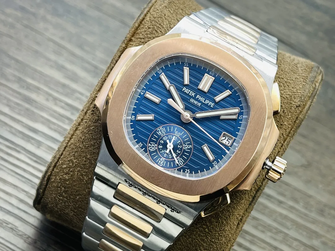 Luxury Super Clone Patek Philippe Nautilus 5980/1AR-001 Replica Blue Dial Two Tone Stainless Steel Bracelet 40.5mm Watch Side View Of Dial 2