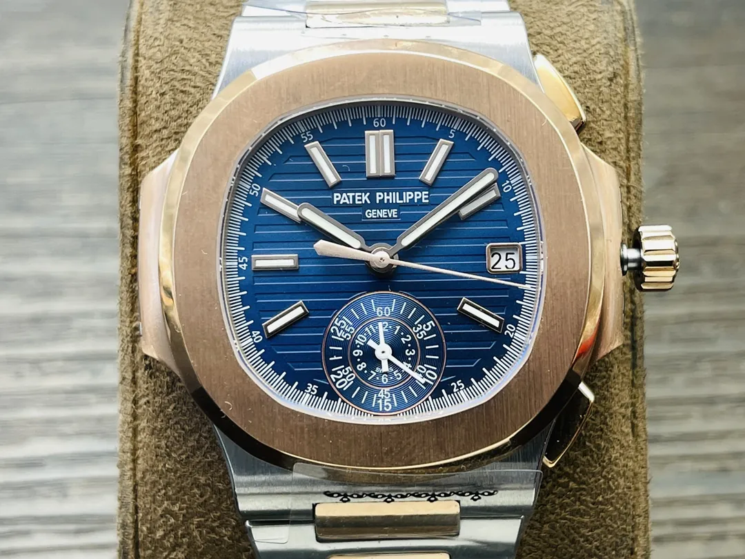 Luxury Super Clone Patek Philippe Nautilus 5980/1AR-001 Replica Blue Dial Two Tone Stainless Steel Bracelet 40.5mm Watch Dial Detail