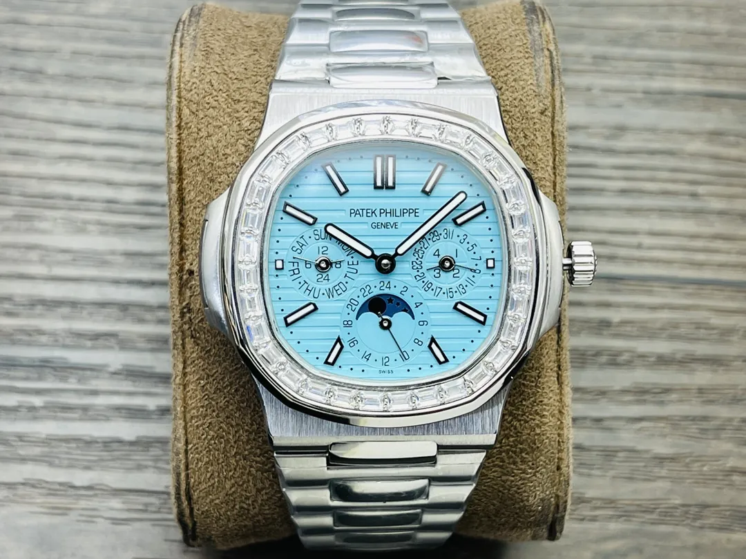 Luxury Patek Philippe Nautilus 5740/1G-001 Replica Tiffany Blue Dial Diamond-Set Bezel Moonphase Calendar Watch Front View