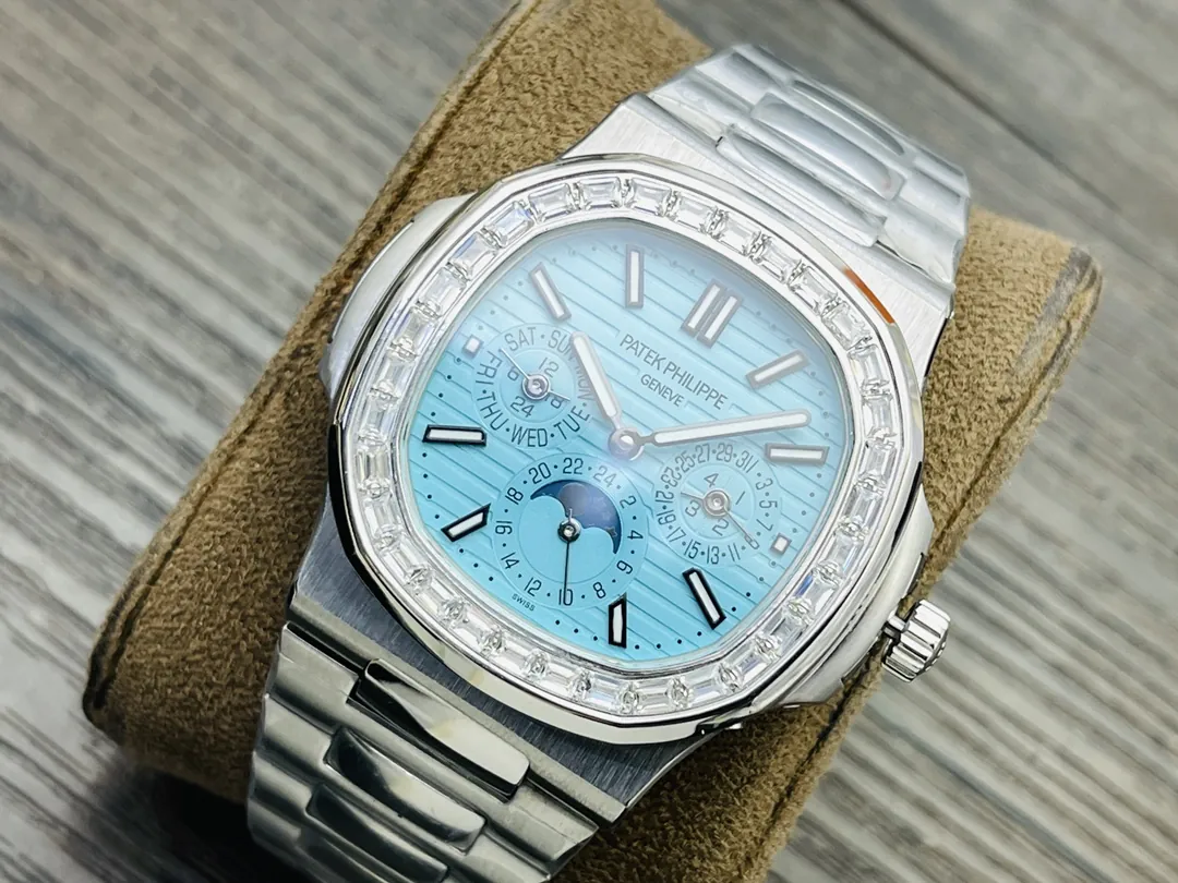 Luxury Patek Philippe Nautilus 5740/1G-001 Replica Tiffany Blue Dial Diamond-Set Bezel Moonphase Calendar Watch Side View Of Dial 2