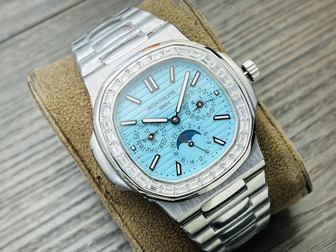Luxury Patek Philippe Nautilus 5740/1G-001 Replica Tiffany Blue Dial Diamond-Set Bezel Moonphase Calendar Watch Side View Of Dial 1