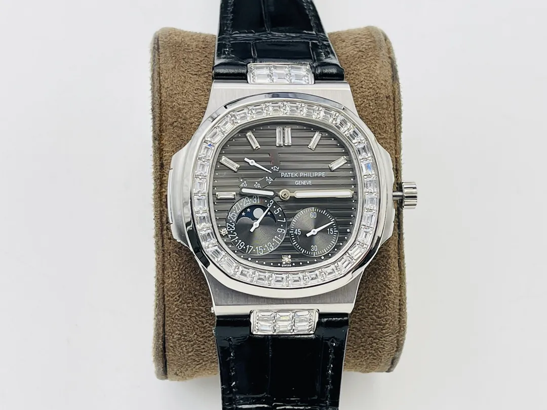 PPF Factory Patek Philippe Nautilus 5724G Replica Grey Diamond Dial Baguette Diamond Bezel Black Leather Strap 40mm Luxury Watch Front View