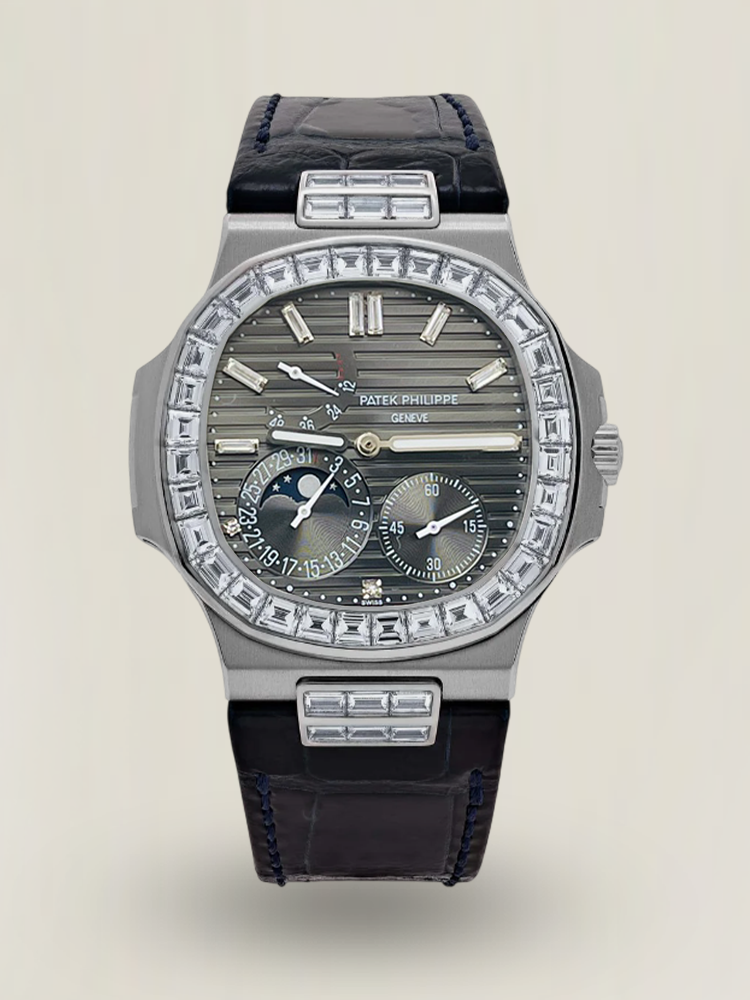 PPF Factory Patek Philippe Nautilus 5724G Replica Grey Diamond Dial Baguette Diamond Bezel Black Leather Strap 40mm Luxury Watch Main Image