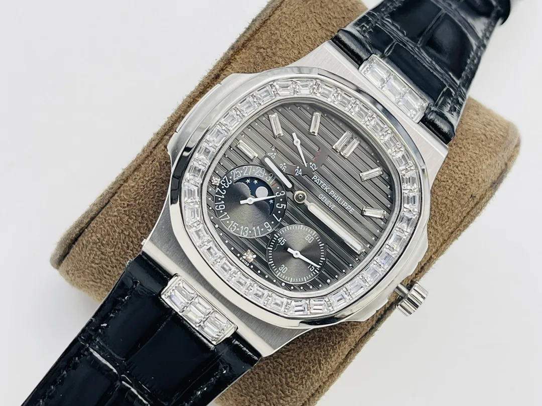 PPF Factory Patek Philippe Nautilus 5724G Replica Grey Diamond Dial Baguette Diamond Bezel Black Leather Strap 40mm Luxury Watch Side View Of Dial