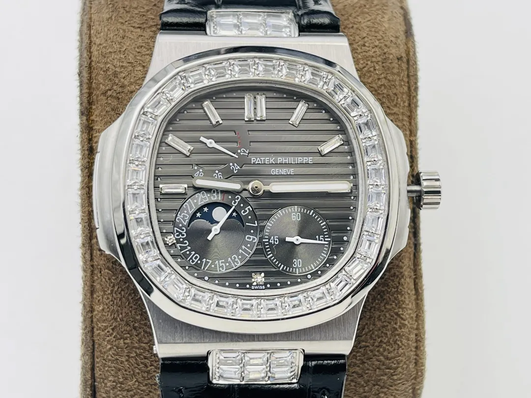 PPF Factory Patek Philippe Nautilus 5724G Replica Grey Diamond Dial Baguette Diamond Bezel Black Leather Strap 40mm Luxury Watch Dial Detail