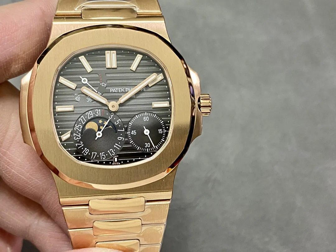 Luxury Patek Philippe Nautilus 5712/1R Replica Grey Gradient Dial Moonphase Gold-Plated 904L Stainless Steel Case 40mm Watch Dial Detail 1