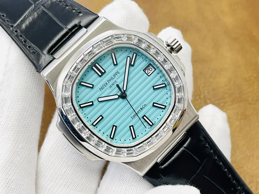 Luxury Patek Philippe Nautilus 5711/1A Replica Tiffany Blue Dial Baguette Diamond Bezel Black Leather Strap Watch Side Profile Of Dial 1