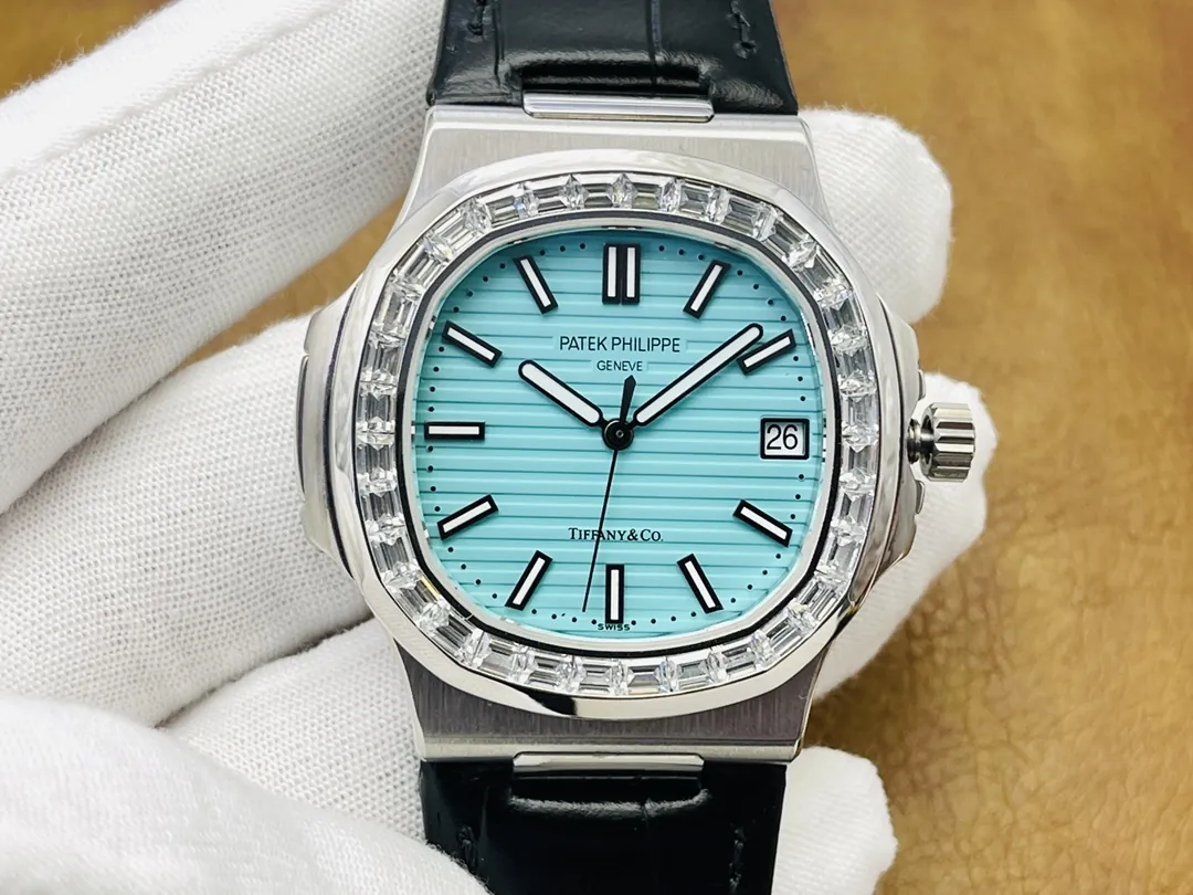 Luxury Patek Philippe Nautilus 5711/1A Replica Tiffany Blue Dial Baguette Diamond Bezel Black Leather Strap Watch Front View