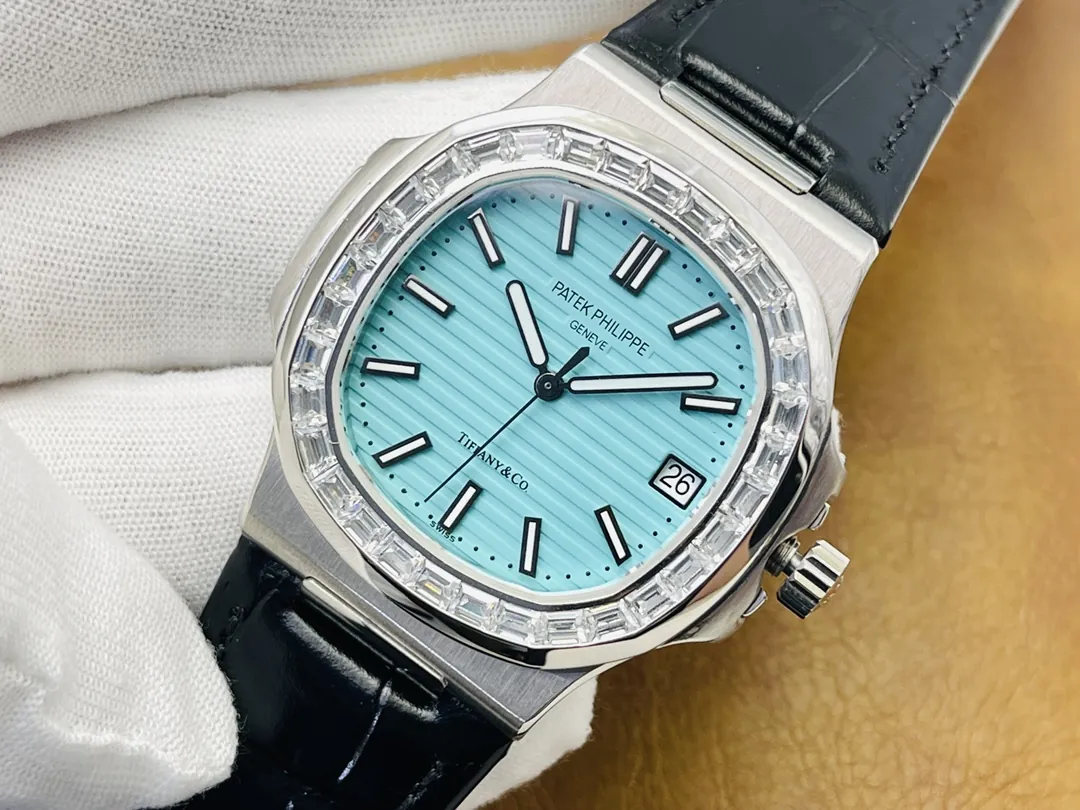 Luxury Patek Philippe Nautilus 5711/1A Replica Tiffany Blue Dial Baguette Diamond Bezel Black Leather Strap Watch Side Profile Of Dial 2