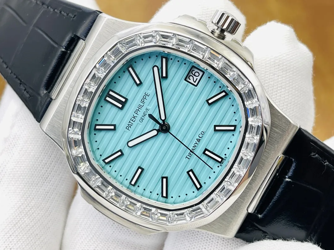 Luxury Patek Philippe Nautilus 5711/1A Replica Tiffany Blue Dial Baguette Diamond Bezel Black Leather Strap Watch Dial Detail