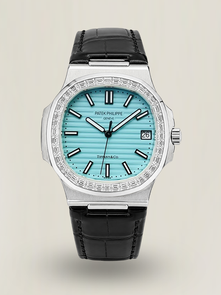 Luxury Patek Philippe Nautilus 5711/1A Replica Tiffany Blue Dial Baguette Diamond Bezel Black Leather Strap Watch Main Image