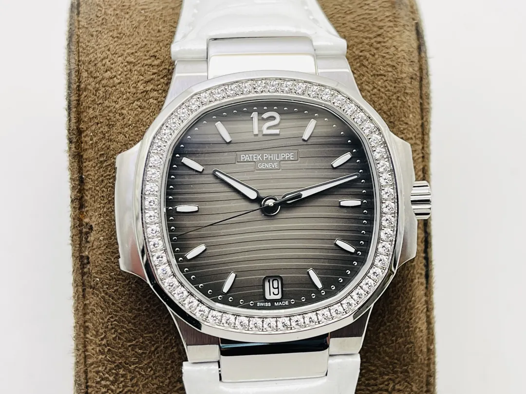 Patek Philippe Nautilus 7118 Replica Grey Gradient Wave Dial Diamond Bezel White Leather Strap Luxury 35.2mm Ladies Watch Dial Detail