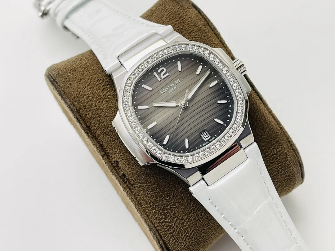 Patek Philippe Nautilus 7118 Replica Grey Gradient Wave Dial Diamond Bezel White Leather Strap Luxury 35.2mm Ladies Watch Side profile of dial 1