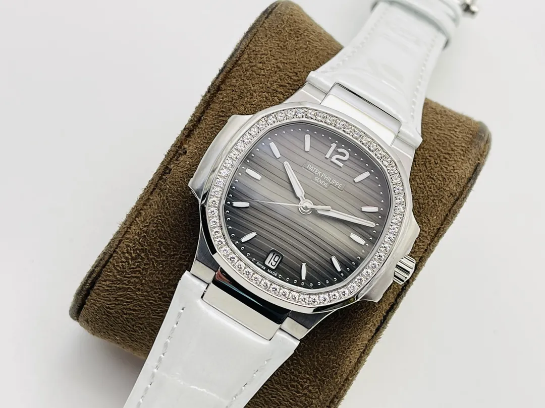 Patek Philippe Nautilus 7118 Replica Grey Gradient Wave Dial Diamond Bezel White Leather Strap Luxury 35.2mm Ladies Watch Side profile of dial 2