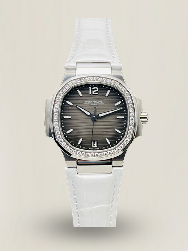 Patek Philippe Nautilus 7118 Replica Grey Gradient Wave Dial Diamond Bezel White Leather Strap Luxury 35.2mm Ladies Watch Main Image