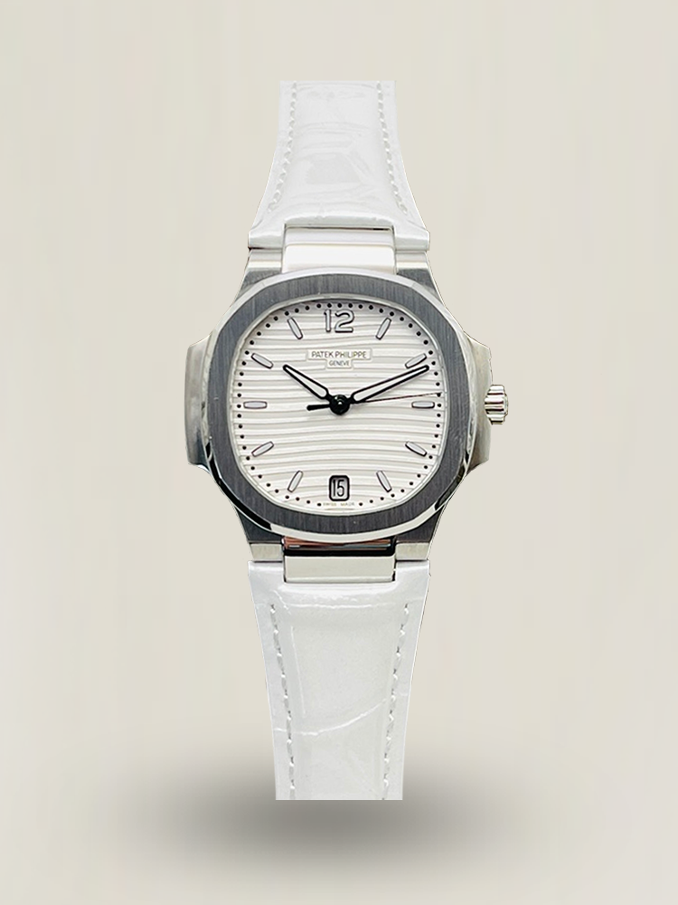 Luxury Patek Philippe Nautilus 7118 Replica White Wave Dial Stainless Steel Case White Leather Strap Ladies 35.2mm Watch Main Image