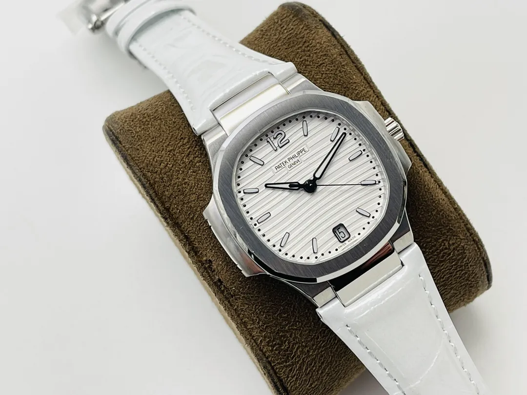 Luxury Patek Philippe Nautilus 7118 Replica White Wave Dial Stainless Steel Case White Leather Strap Ladies 35.2mm Watch Side view of dial 2