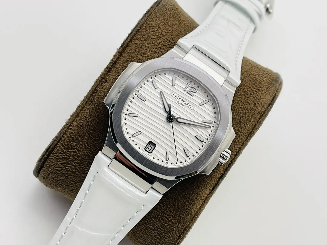 Luxury Patek Philippe Nautilus 7118 Replica White Wave Dial Stainless Steel Case White Leather Strap Ladies 35.2mm Watch Side view of dial 1
