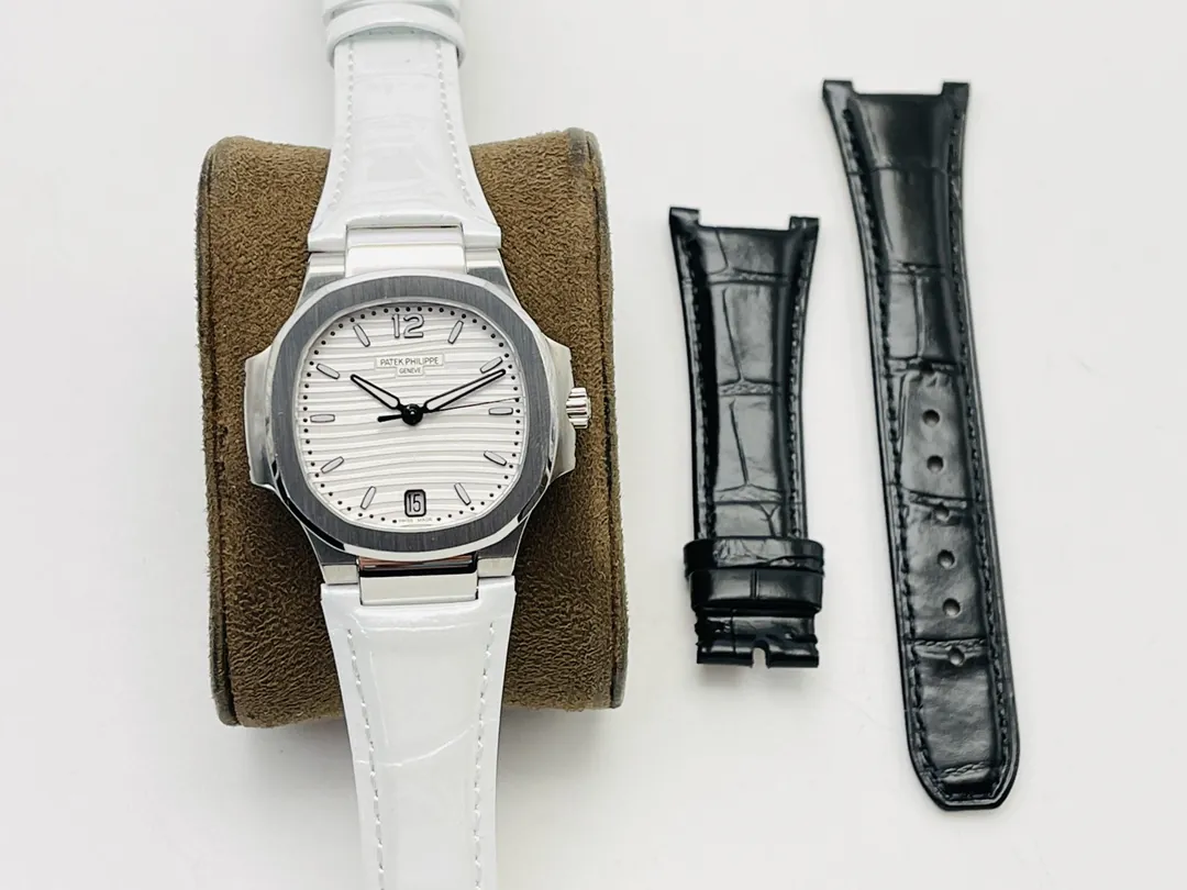 Luxury Patek Philippe Nautilus 7118 Replica White Wave Dial Stainless Steel Case White Leather Strap Ladies 35.2mm Watch Front View